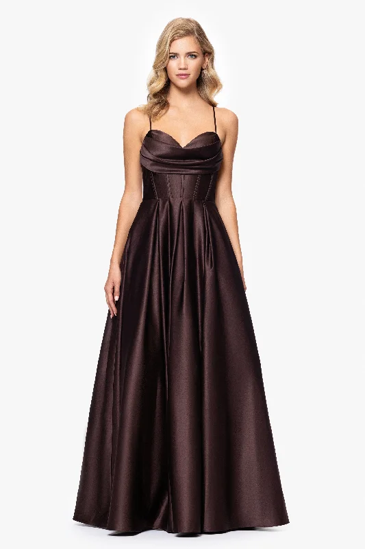 fitted gown dresses"Liza" Lamour Satin Draped Corset Tieback Gown