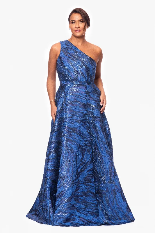 after-party gown dresses"Heather" Long Brocade One-Shoulder Ballgown