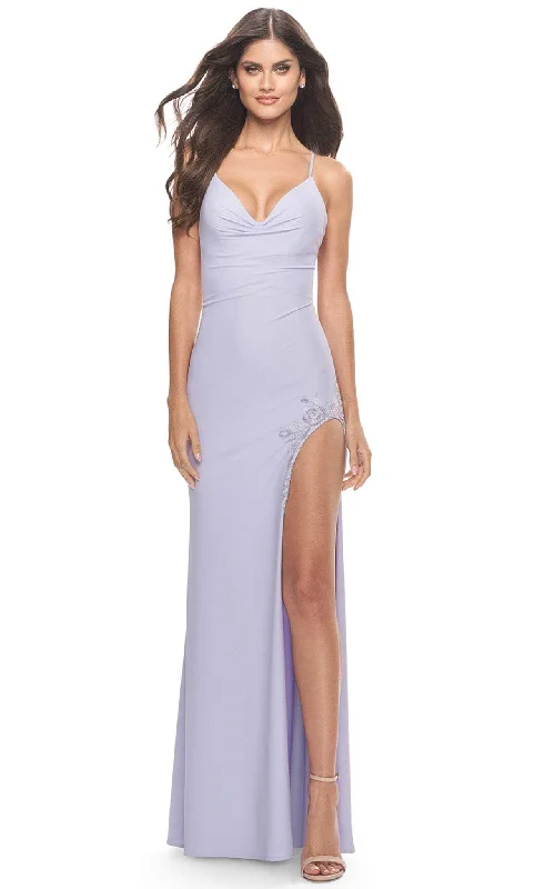 high-slit gown dressesLa Femme 31574 - Draped Neck Fitted Gown