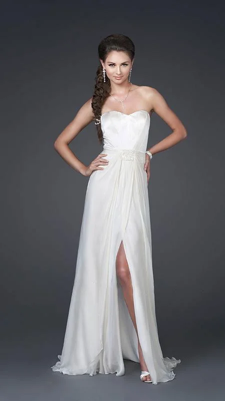 high-low gown dressesLa Femme - Silk Fitted Bodice High Slit Chiffon A-Line Gown 15586