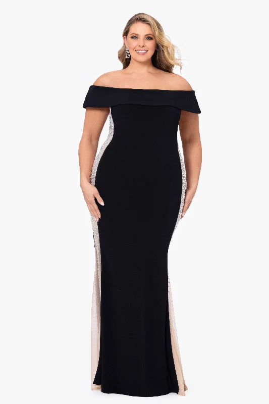 satin gown dressesPlus "Brianna" Off the Shoulder Jersey Knit Caviar Beaded Gown