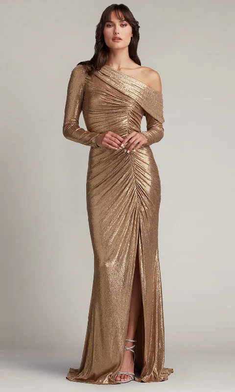 evening gown dressesTadashi Shoji BSJ24030L - Faina Metallic Sheath Gathered Slit Gown