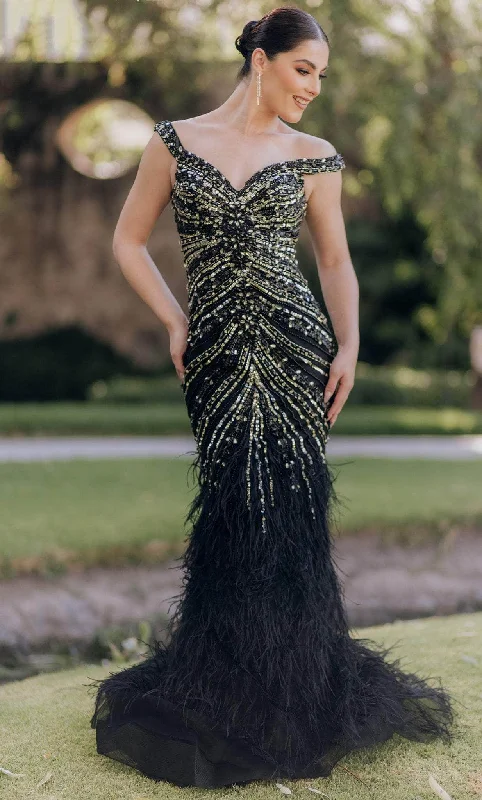 dark gown dressesTerani Couture 232GL1460 - Fringed Mermaid Gown