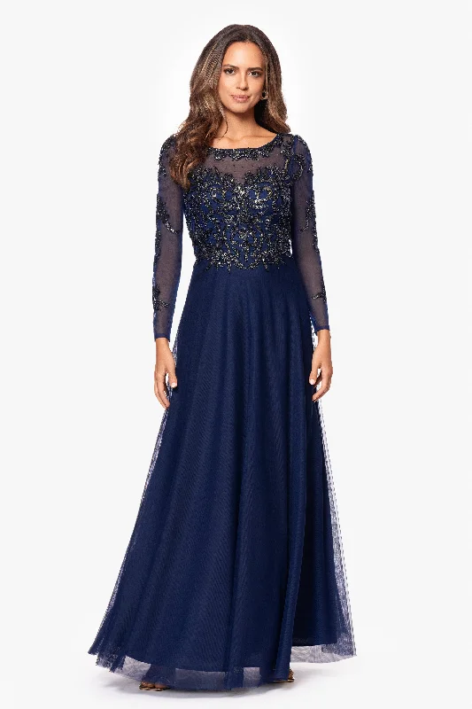 gown dresses for summer"Ana" Long Sleeve Beaded Mesh Applique Floor Length Gown