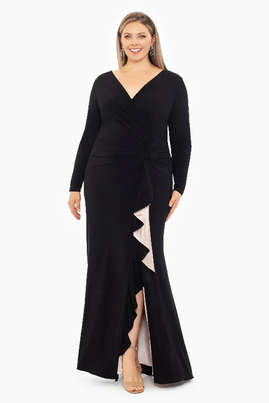 sequined gown dressesPlus "Trudy"  Long Sleeve Jersey Knit Contrast Lining Gown