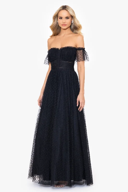 gown dresses with pockets"Edie" Dot Mesh Off the Shoulder Ballgown