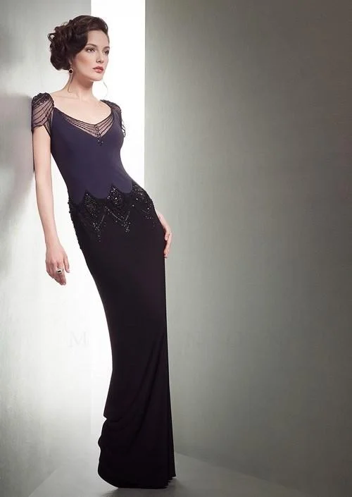 gown dresses for winterMIGNON - VM1411SC Wide V Neck Adorned Fitted Long Gown