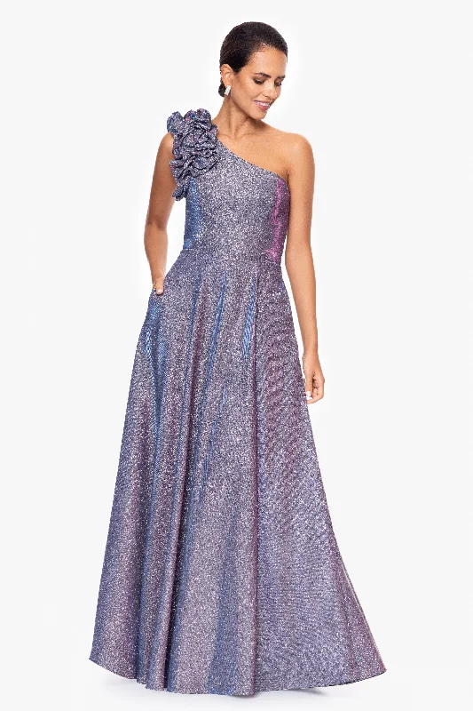 prom gown dressesPetite "Havannah" One Shoulder Ruffle Glitter Gown