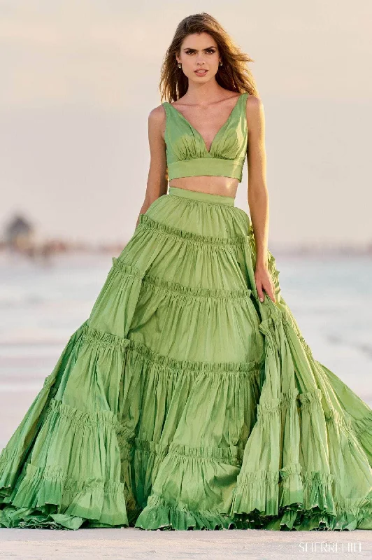 geometric print gown dressesSherri Hill 56125 - Two-Piece Ruffle Gown