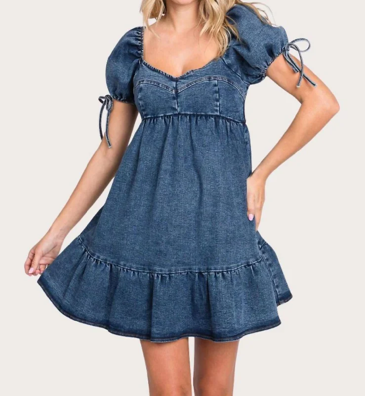 lace appliqué Mimi dresses for eleganceStretch Denim Mini Dress In Blue