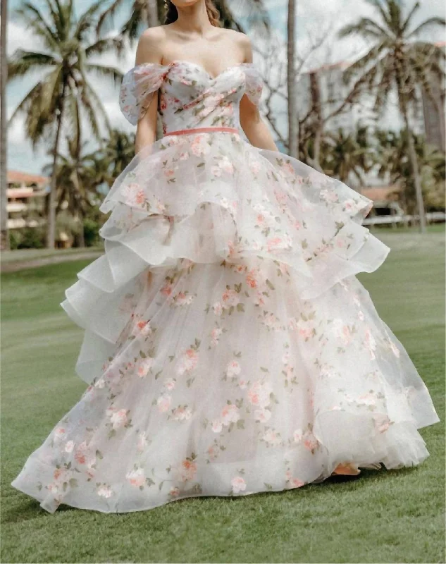 classic wedding dressesRosabel Layered Skirt Floral Print Wedding Gown In Blush