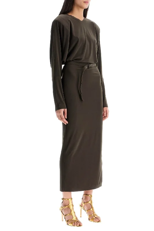 elegant midi dressesNorma Kamali Brown Midi Slim Long Dress With V-Neck And Side Slit