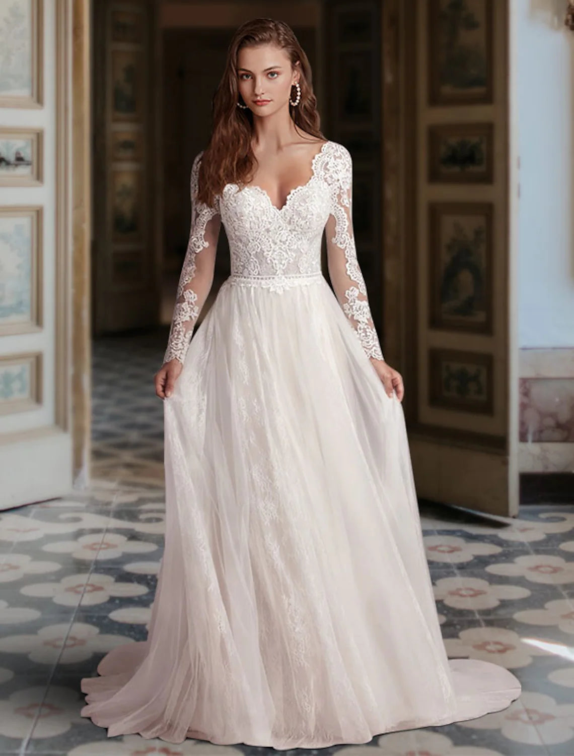 wedding dress fittingEngagement Formal Wedding Dresses A-Line Long Sleeve V Neck Lace