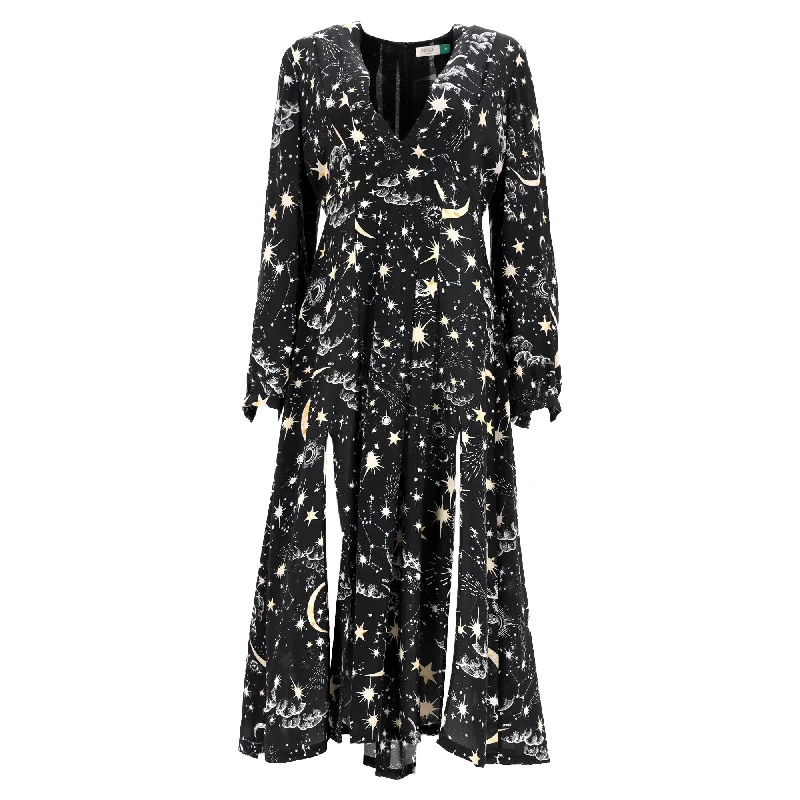 wrap-around midi dressesRixo Constellation Print Midi V-Neck Dress with Slits in Black Silk