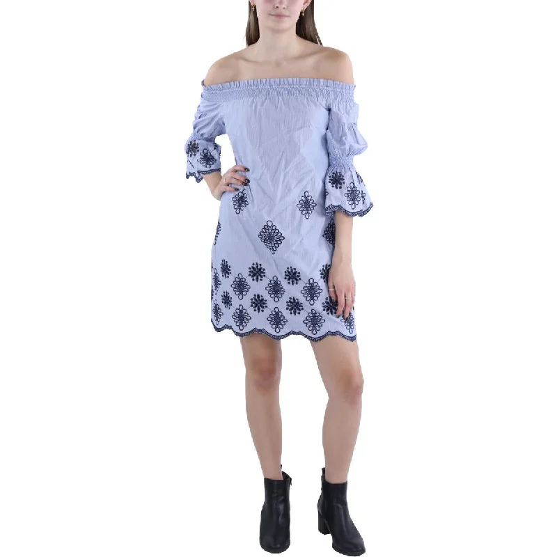 polka dot midi Mimi dresses for playful styleWomens Off-The-Shoulder Embroidered Mini Dress