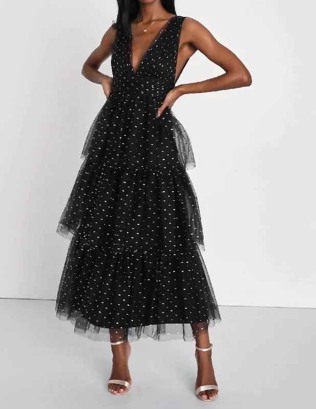 maxi midi dressesDecadent Impression Tulle Tiered Shiny Dot Midi Dress In Black