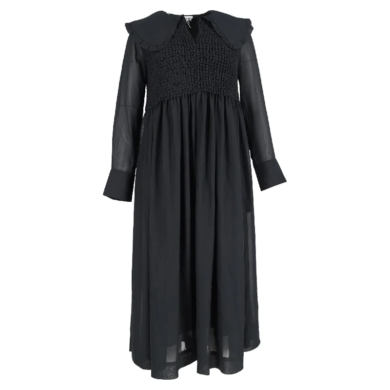 midi dresses with buttonsGanni Smocked Bodice Midi Long Sleeve Dress in Black Polyester