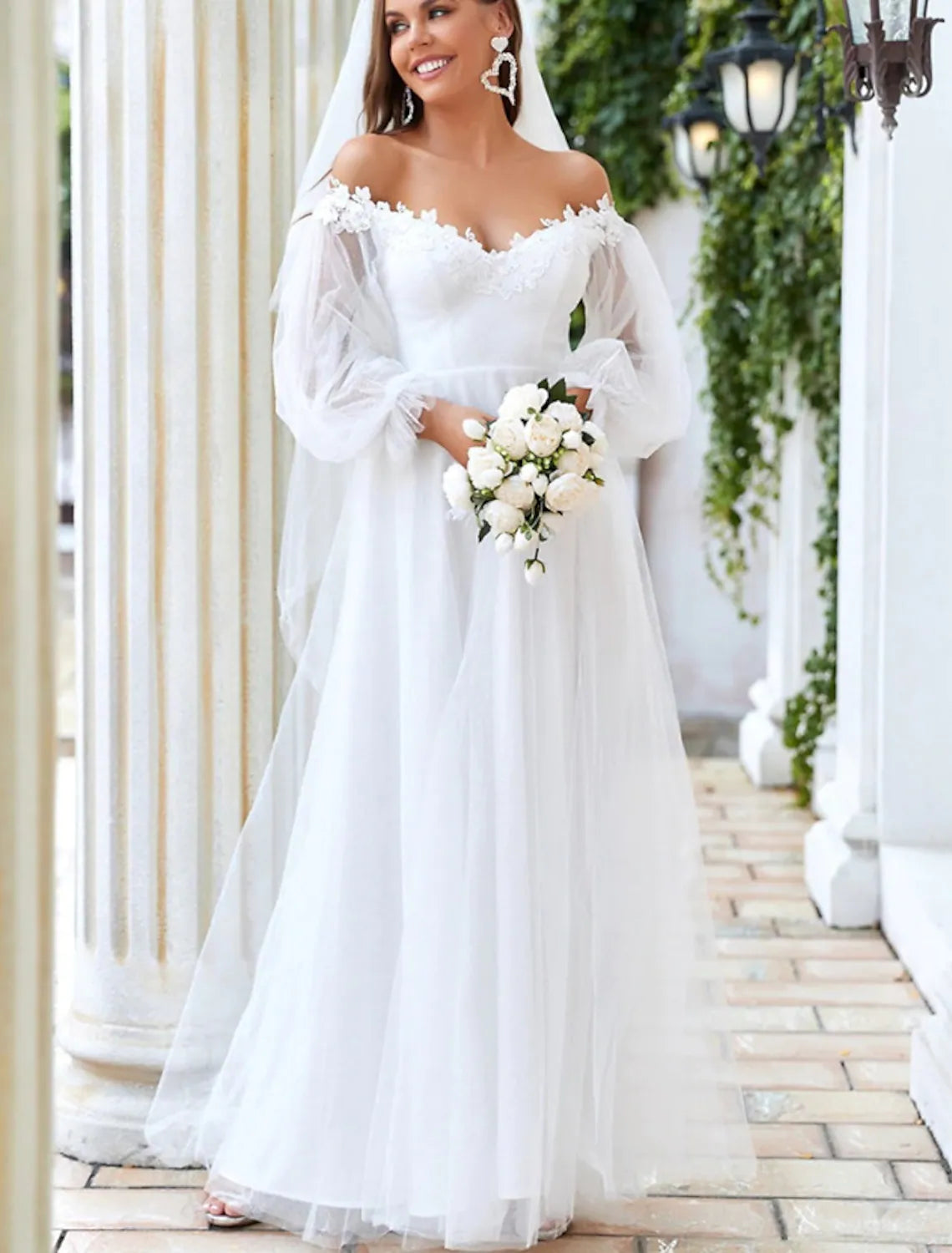 A-line wedding dressesBeach Wedding Dresses Floor Length A-Line Long Sleeve Off Shoulder Tulle With Lace