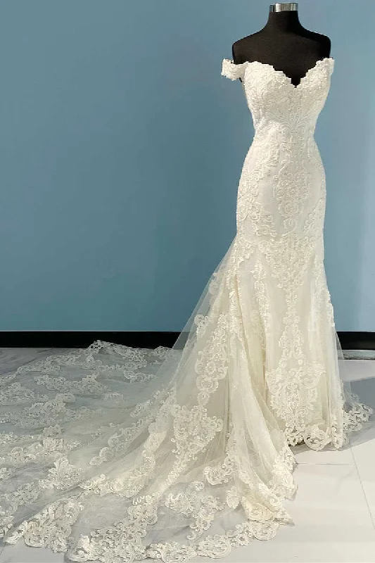 unique wedding dressesLong White Lace Off-the-Shoulder Mermaid Wedding Dress