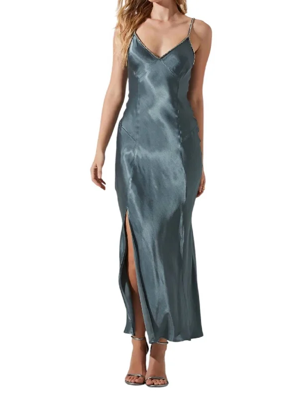 casual chic midi dressesKathleen Rhinestone Trim Satin Midi Dress In Slate Blue