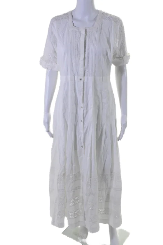 cotton midi dressesLove Shack Fancy Womens Button Front Short Sleeve Midi Shirt Dress White Large