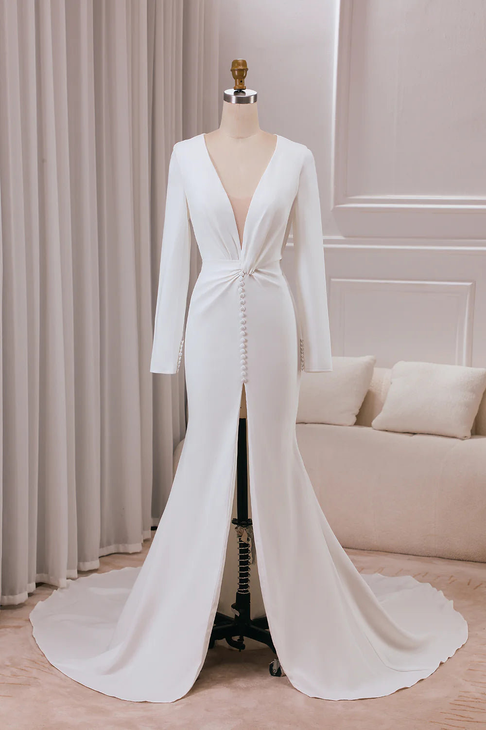 ethical wedding dressesDingJiDress Ivory Deep V-neck Long Sleeves Crepe Mermaid Wedding Dress with Front Slit