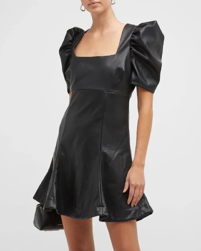 elegant high-low Mimi dresses for promsAlia Faux-Leather Puff-Sleeve Mini Dress In Black