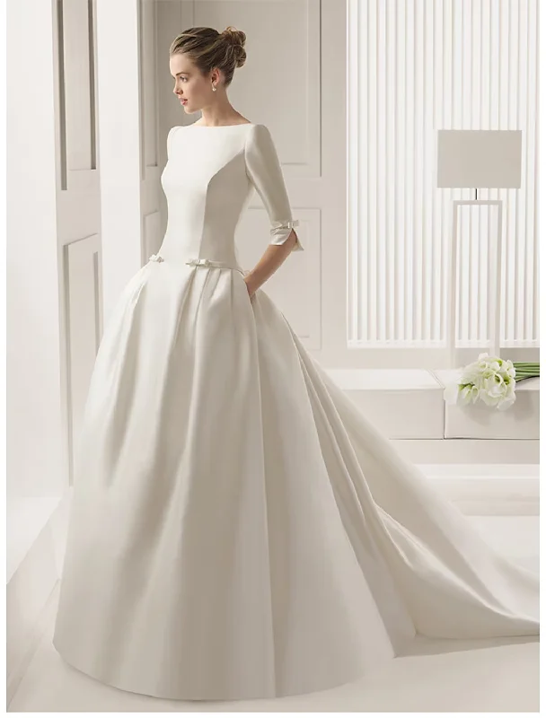 wedding dress with pocketsEngagement Formal Wedding Dresses Court Train A-Line Half Sleeve Neck Satin With Bow(s) Pleats