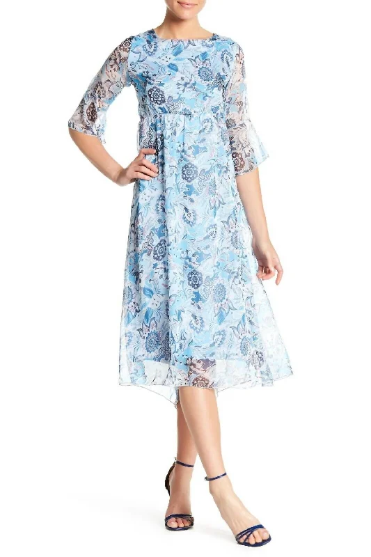 tulle midi dressesFloral Print Sheer Chiffon Cocktail Summer Midi Dress In Blue