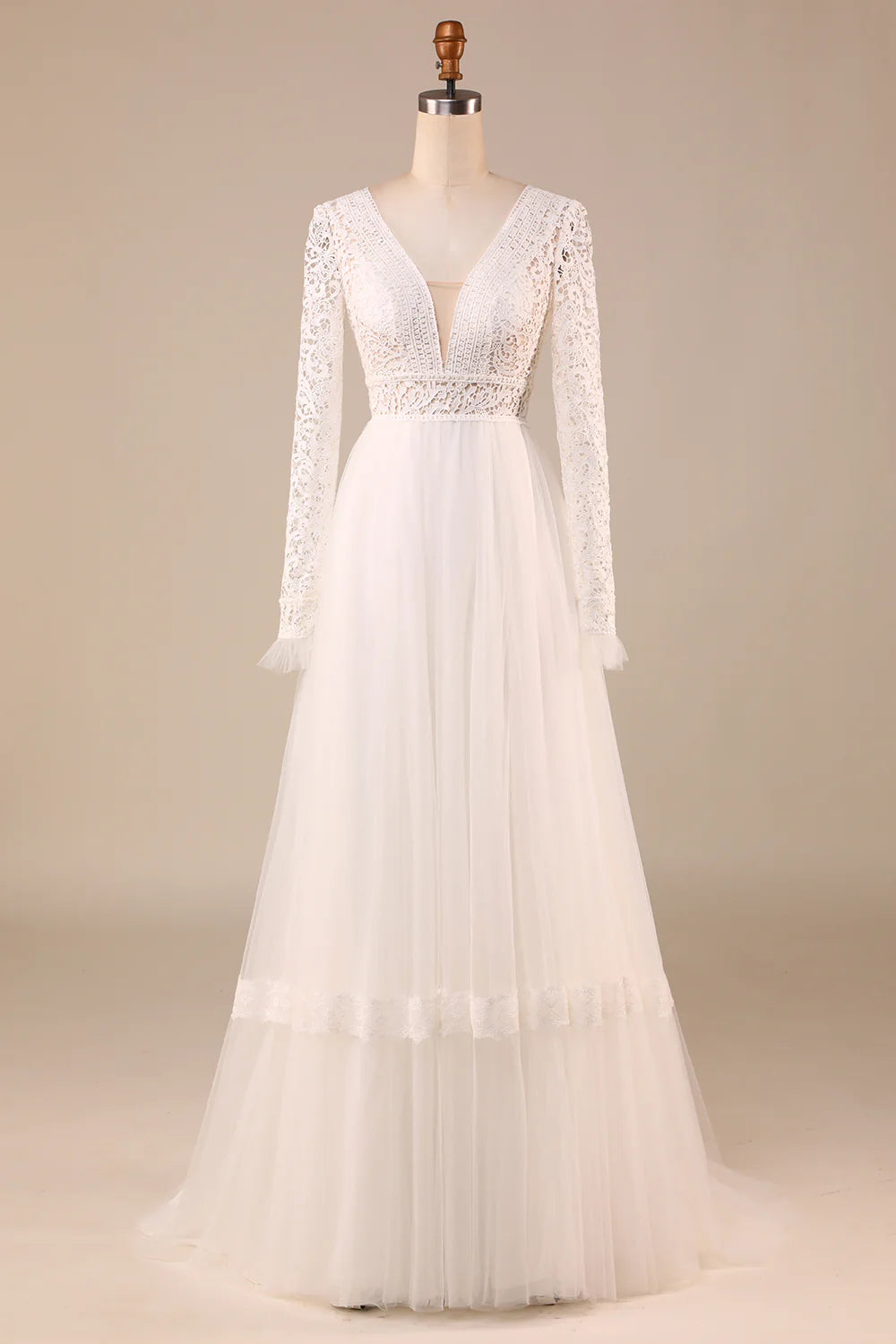 wedding dress with buttonsDingJiDress Ivory Long Sleeves Tulle A-Line Wedding Dress with Lace