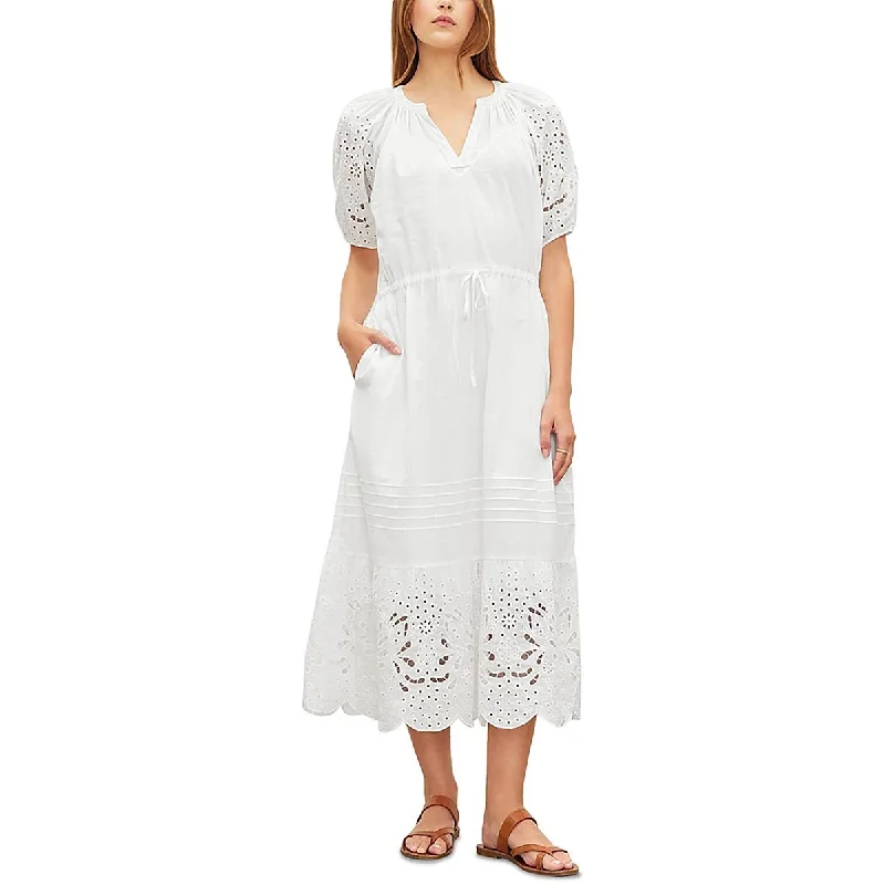 lace-trimmed midi dressesWomens Eyelet Puff Sleeve Midi Dress