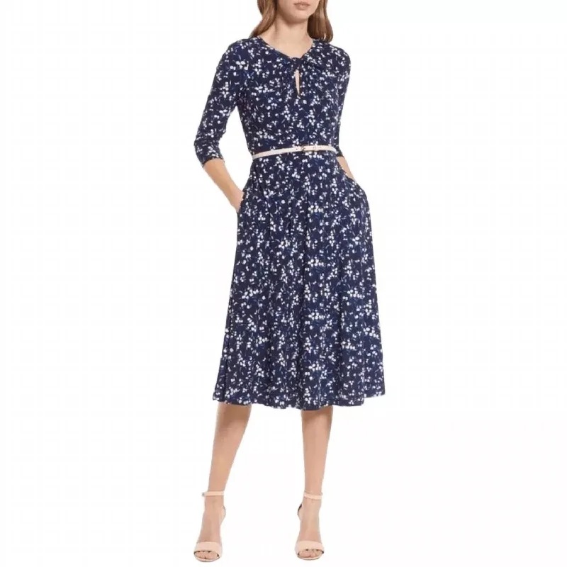 lined midi dressesBelted Keyhole Floral Midi Dress In Navy