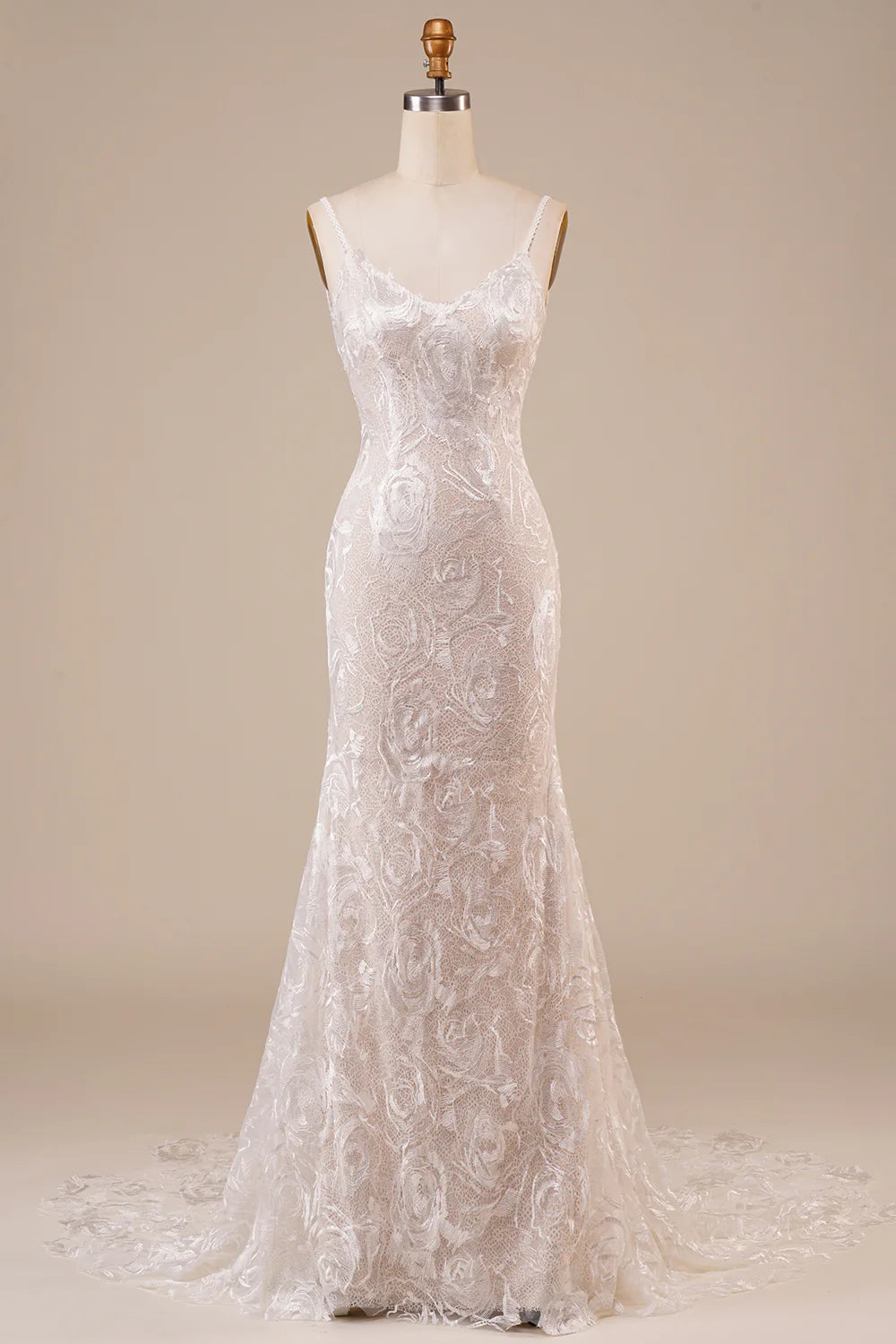 wedding dress with built-in petticoatDingJiDress Backless Lace Ivory Wedding Dress with Sweep Train