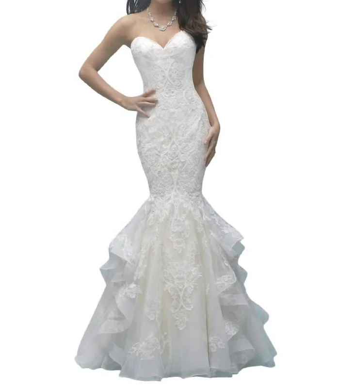 empire waist wedding dressesStrapless Ruffled Lace Mermaid Wedding Gown In Gold/ivory/silver