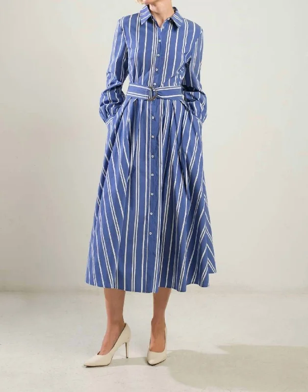 casual everyday midi dressesAnderson Striped Shirt Midi Dress In Blue/white/gold