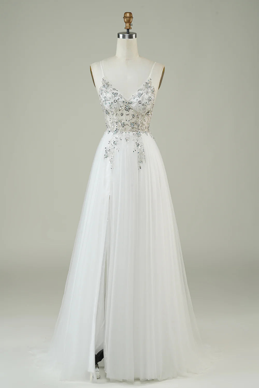 wedding dress try-onDingJiDress Gorgeous A Line Spaghetti Straps White Tulle Long Wedding Dress with Beading