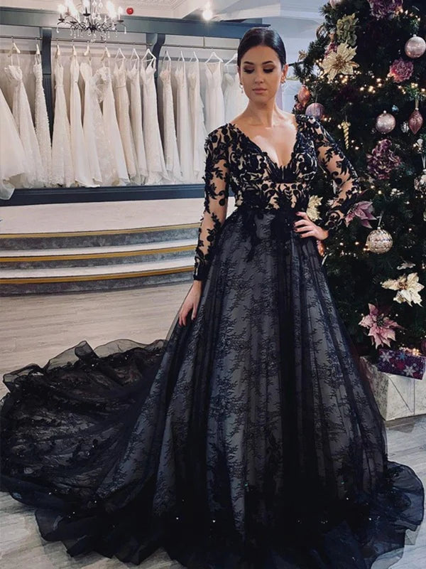 church wedding dressesDingJiDress Long Sleeves V-neck Black Gothic Lace Wedding Dress