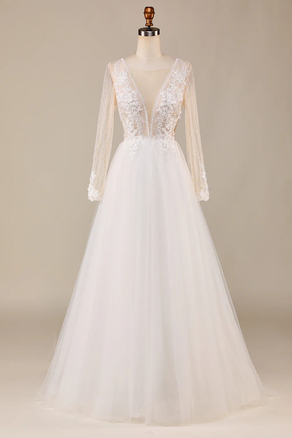 wedding dress cleaningDingJiDress A Line Deep V-Neck Ivory Tulle Sweep Train Wedding Dress with Lace