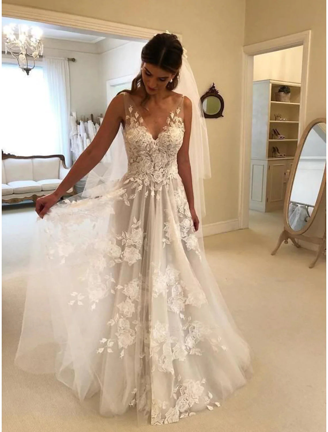 detailed wedding dressesBeach Open Back Wedding Dresses A-Line Sleeveless V Neck Lace Appliques