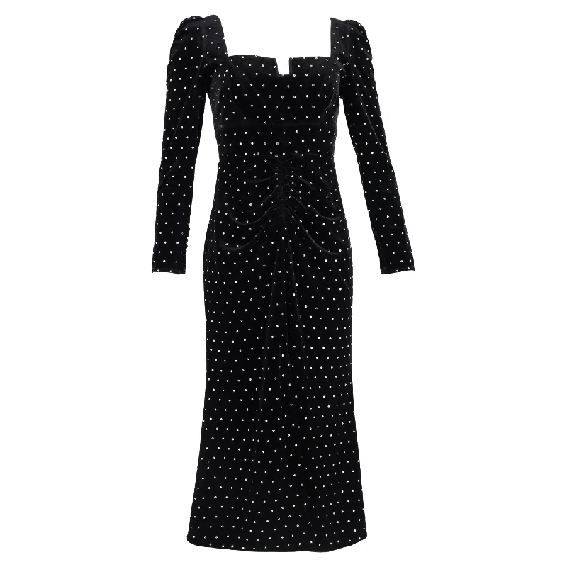 midi dresses made of silkSelf-Portrait Embellished Midi Long Sleeve Dress in Black Velvet