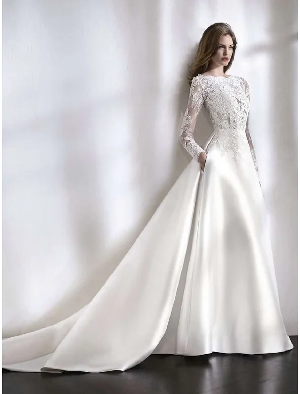 wedding dress with illusion backBeach Formal Wedding Dresses Chapel Train A-Line Long Sleeve Jewel Neck Satin With Lace Pleats