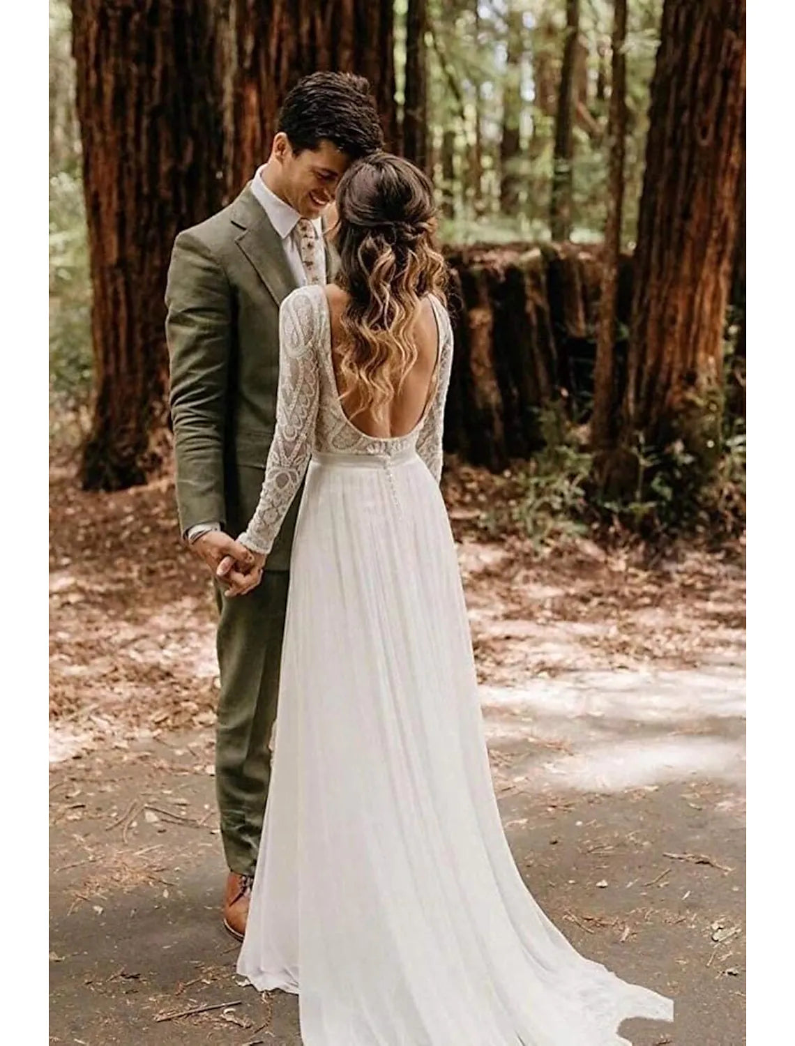 fairy tale wedding dressesBeach Open Back Wedding Dresses  A-Line Long Sleeve  Lace With Pleats Appliques