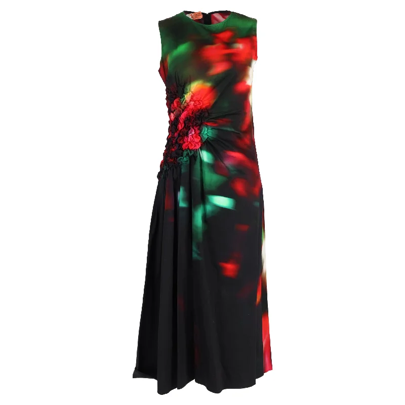 boho midi dressesDries Van Noten Ruched Printed Midi Dress in Multicolor Cotton-Poplin