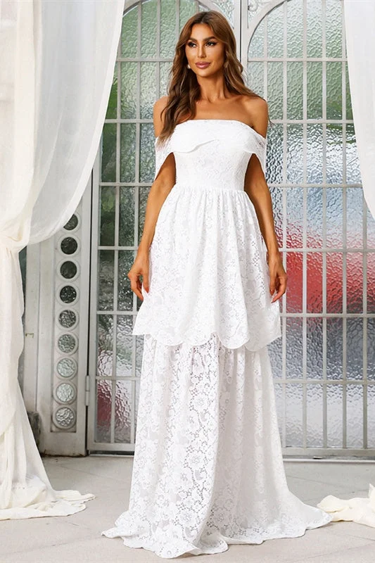 pre-owned wedding dressesOff the Shoulder White Lace Layers Long Wedding Dress