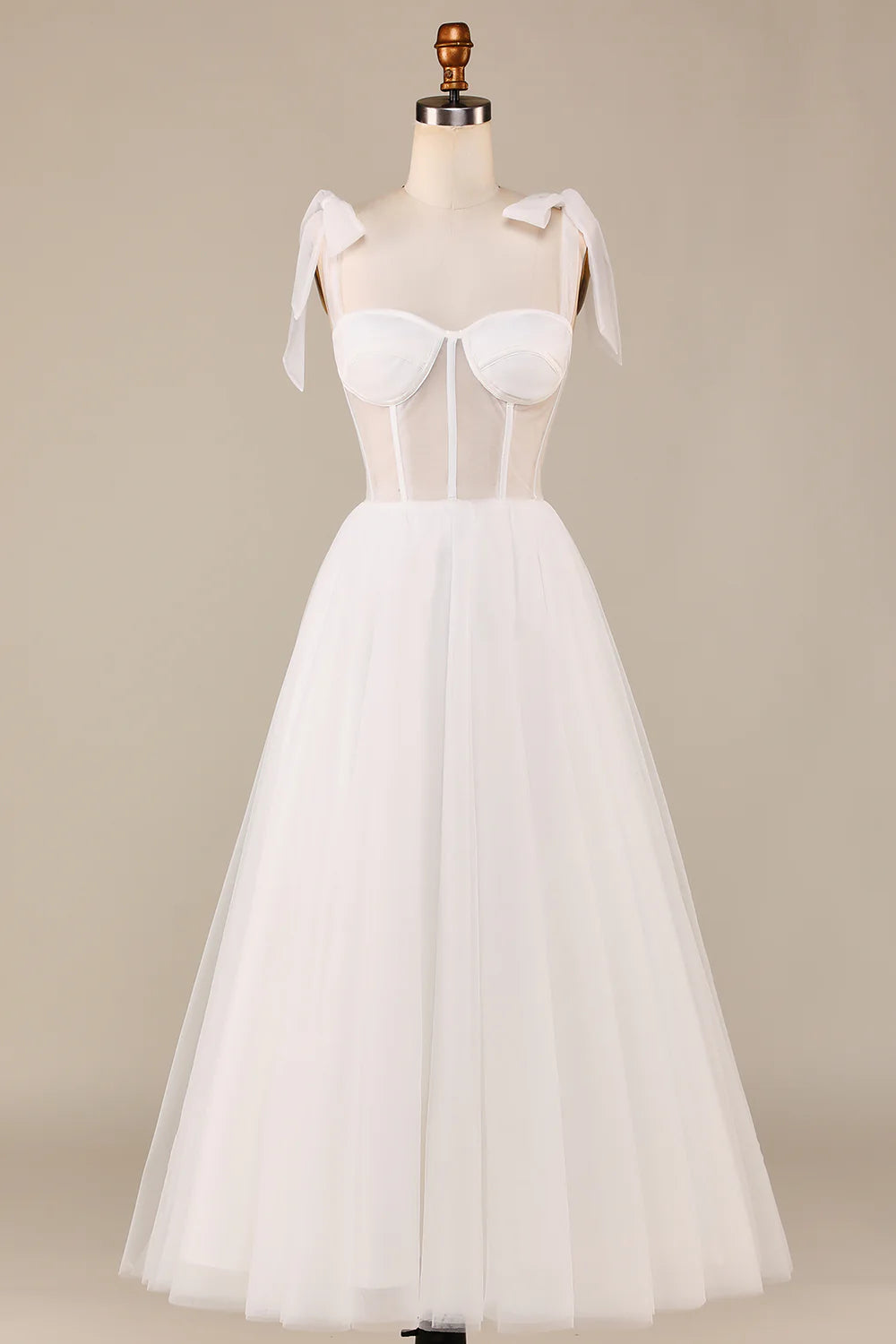 wedding dress with lace overlayDingJiDress Ivory A-Line Tea-Length Tulle Corset Wedding Dress