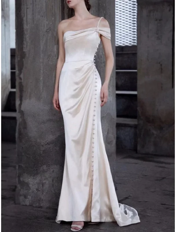 mother-of-the-groom wedding dressesVintage Casual Wedding Dresses Sheath / Column One Shoulder Cap Sleeve Sweep / Brush Train Satin Bridal Gowns With Ruched Split Front