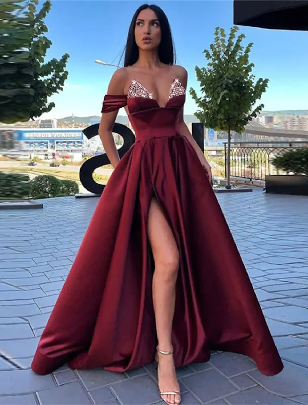 luxury wedding dressesA-Line Evening Gown Sexy Dress Wedding Guest Floor Length Short Sleeve V Neck Satin with Beading Slit