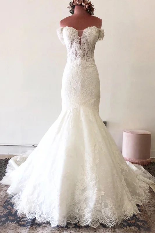 wedding dress with trainOff the Shoulder Court Train Lace White Wedding Dress