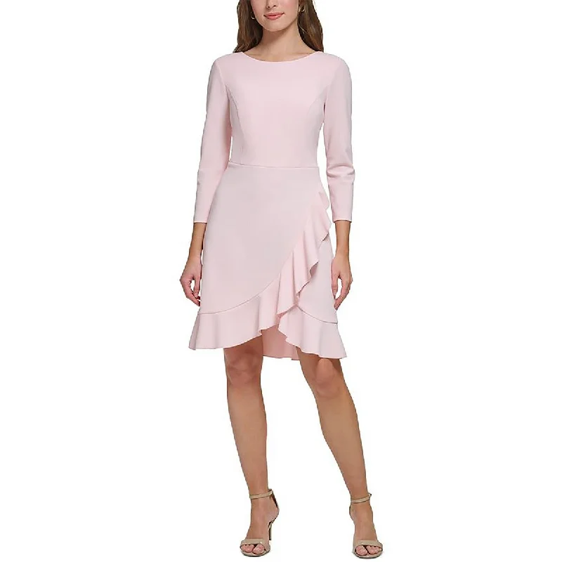 lace-trimmed midi dressesPetites Womens Three Quarter Sleeve Ruffled Midi Dress