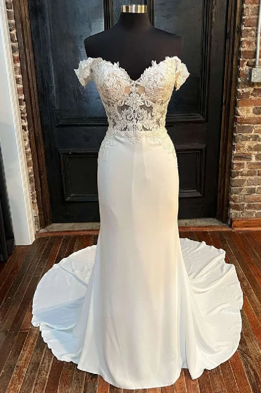 modern elegance wedding dressesWhite Lace Off-the-Shoulder Mermaid Long Wedding Gown